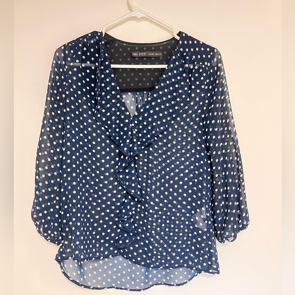 Zara Blue and White Ruffled 3/4 Sleeve Blouse